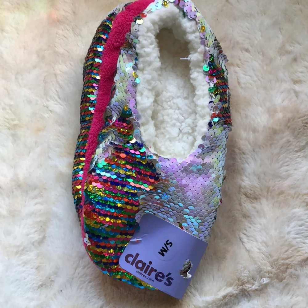 Magical Sequin Unicorn Slippers Reversible Sparkle, Faux Sherpa Lining Size S/M
